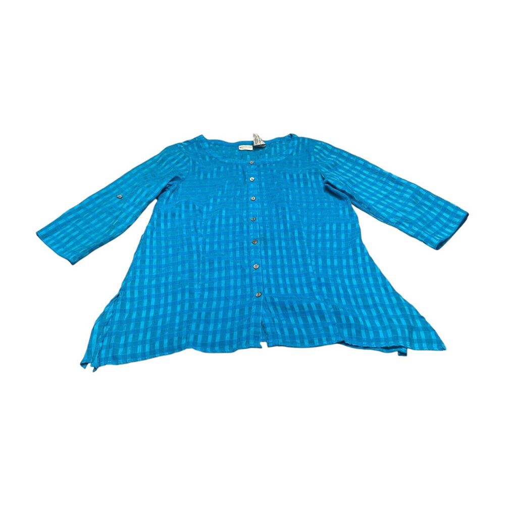 White Stag Blouse Women M (8-10) Blue Plaid Button-Up Side Sits Roll Tab Sleeve - Picture 1 of 8